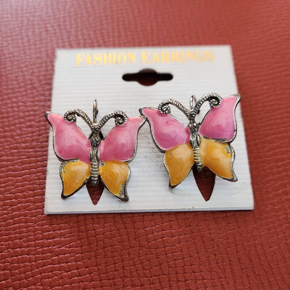 Butterfly Earrings Silver Tone Non-Magnetic Metal Pink & Orange Wings